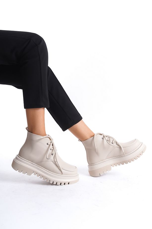 Cilt Yüksek Taban Bağcıklı Kadın Kısa Bot Bootie - 2