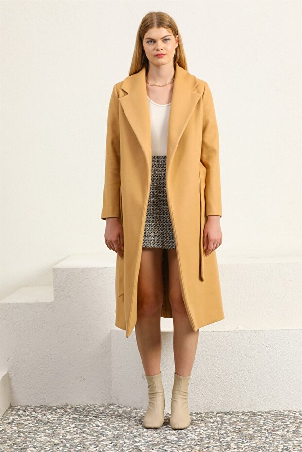 Kemerli Camel Kaşe Palto - 1