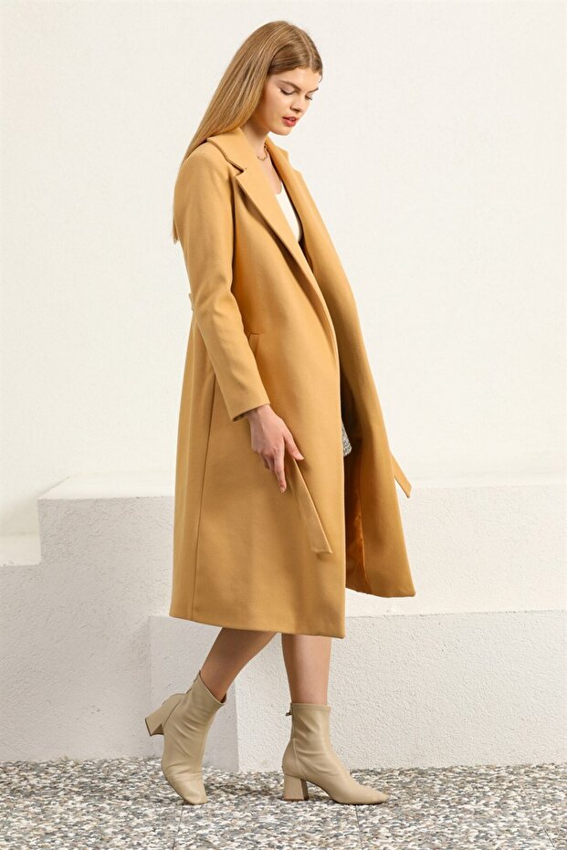 Kemerli Camel Kaşe Palto - 4