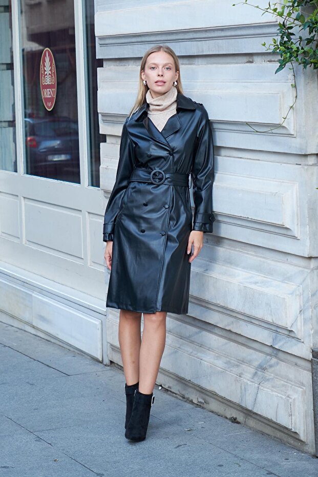 Women's Lightweight Lycra Ecological Leather Double-Breasted Wrap Pocket Belted Buttoned Trench Coat-Black