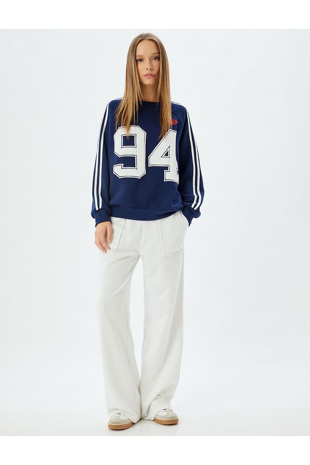 Şardonlu Oversize Sweatshirt Kolej Nakışlı Bisiklet Yaka Biyeli - 2