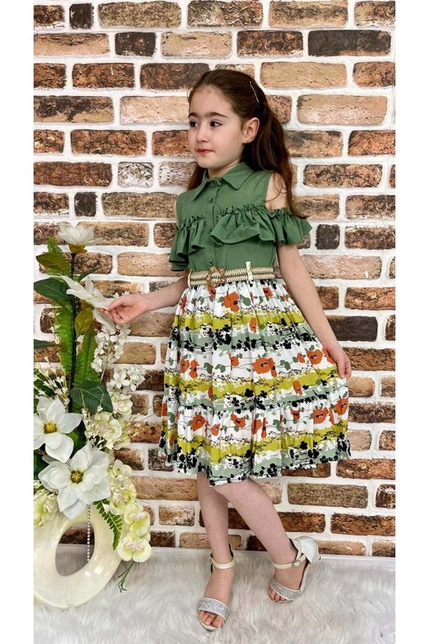 Floral Viscose Shirt Collar Summer Girl's Dress Green