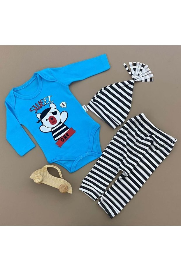 Pirate Bear Baby Set with Hat and Badge, 3-Piece Baby Set Turquoise