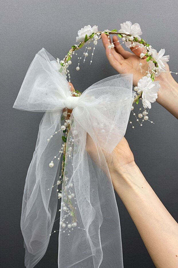 Pearl Leaf Design Bow Bridal Tiara and Hair Accessory