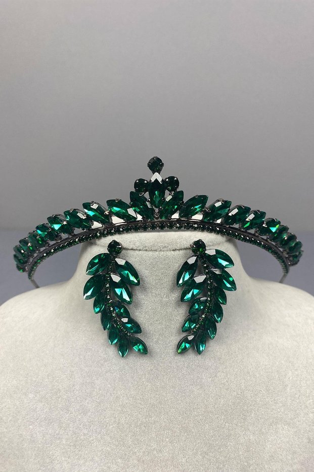 Green Ece Bridal Henna Crown And Leaf Jewelled Earrings