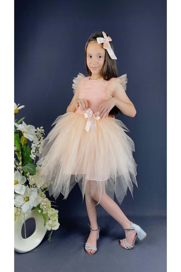 Tüllü Kırçıllı Kız Çocuk Parti Elbisesi PUDRA - 1