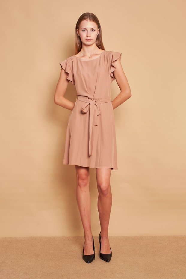 Crepe Fabric Lightweight Lycra Boat Neck Sleeves Flounce Waist Lace Skirt Flared Office Dress-Camel