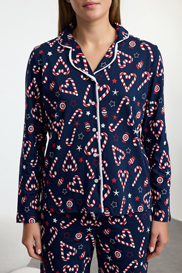 Lacivert %100 Pamuklu Yılbaşı Temalı Biyeli Örme Pijama Takımı THMAW25PT00167 - 3