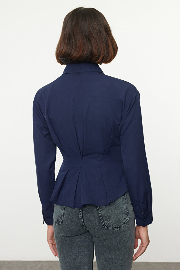 Koyu Lacivert Fitted/Bele Oturan Dokuma Gömlek TWOAW24GO00186 - 5