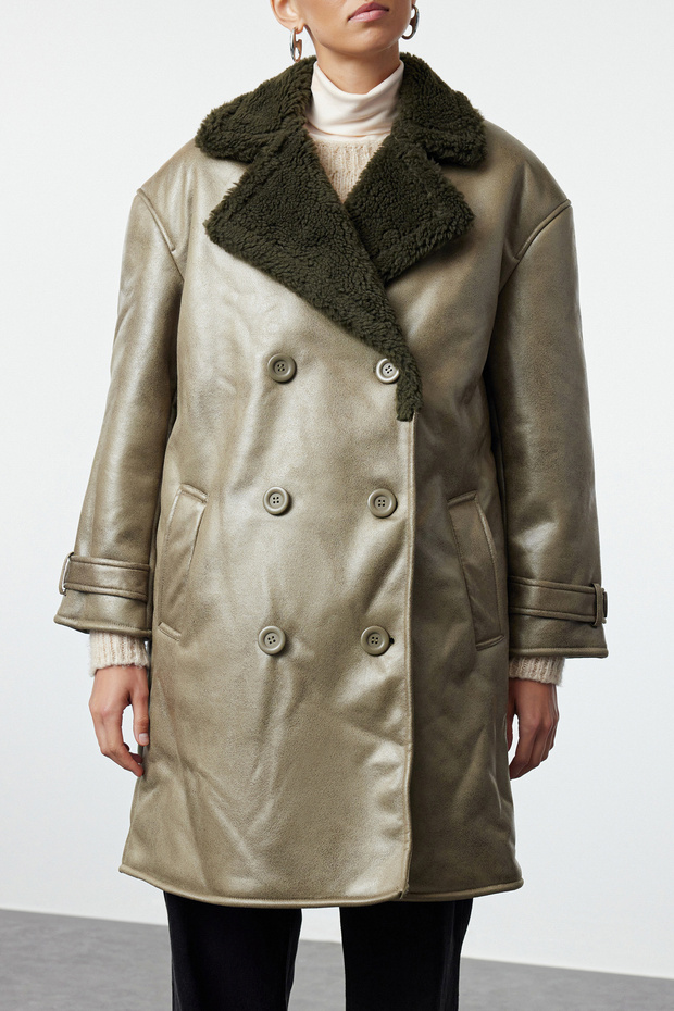 Khaki kołnierz futro szczegółowy oversize długi płaszcz Twoaw25Kb00000 - 4