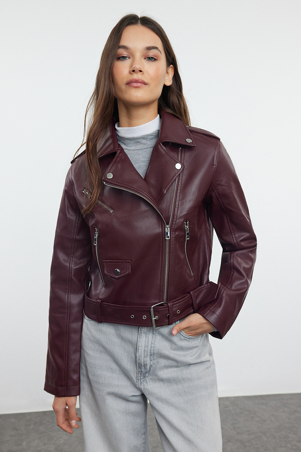 Bordo Regular Kalıp Suni Deri Biker İnce Ceket Mont TWOAW25MO00002 - 2