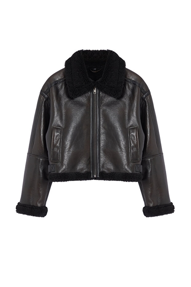 Kahverengi Oversize Kalıp Peluş Detaylı Biker Ceket Mont TWOAW25MO00032 - 7