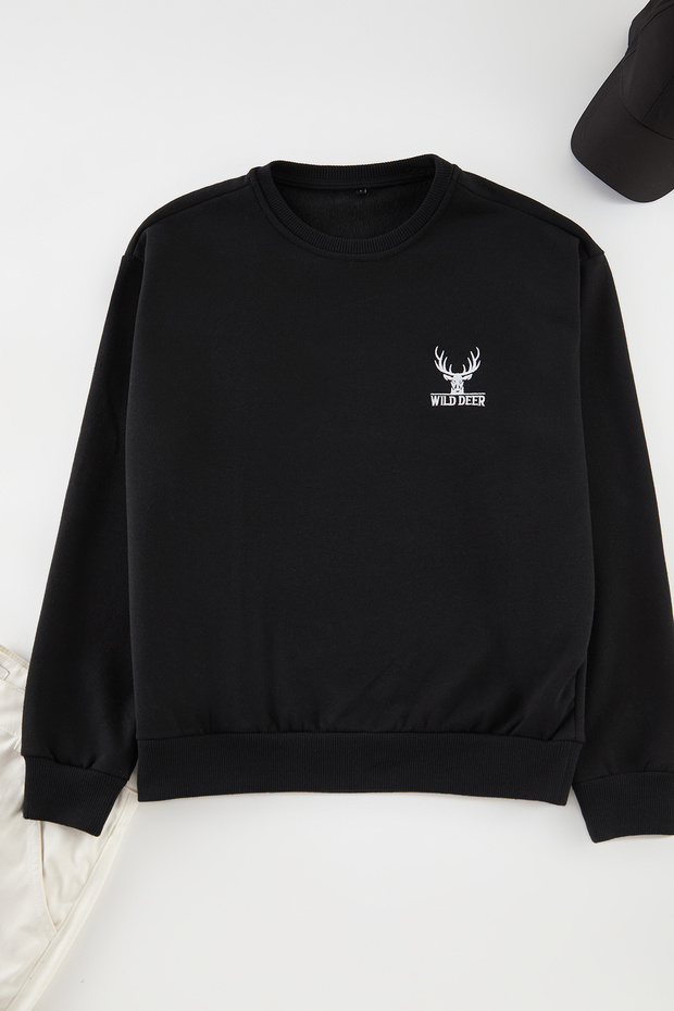 Siyah Oversize/Geniş Kesim Uzun Kol Hayvan Nakışlı Sweatshirt TMNAW24SW00164 - 3