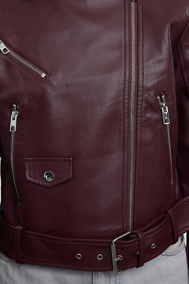 Bordo Regular Kalıp Suni Deri Biker İnce Ceket Mont TWOAW25MO00002 - 4