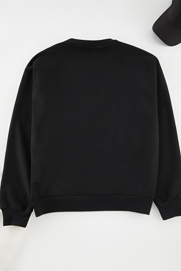 Siyah Oversize/Geniş Kesim Uzun Kol Hayvan Nakışlı Sweatshirt TMNAW24SW00164 - 5