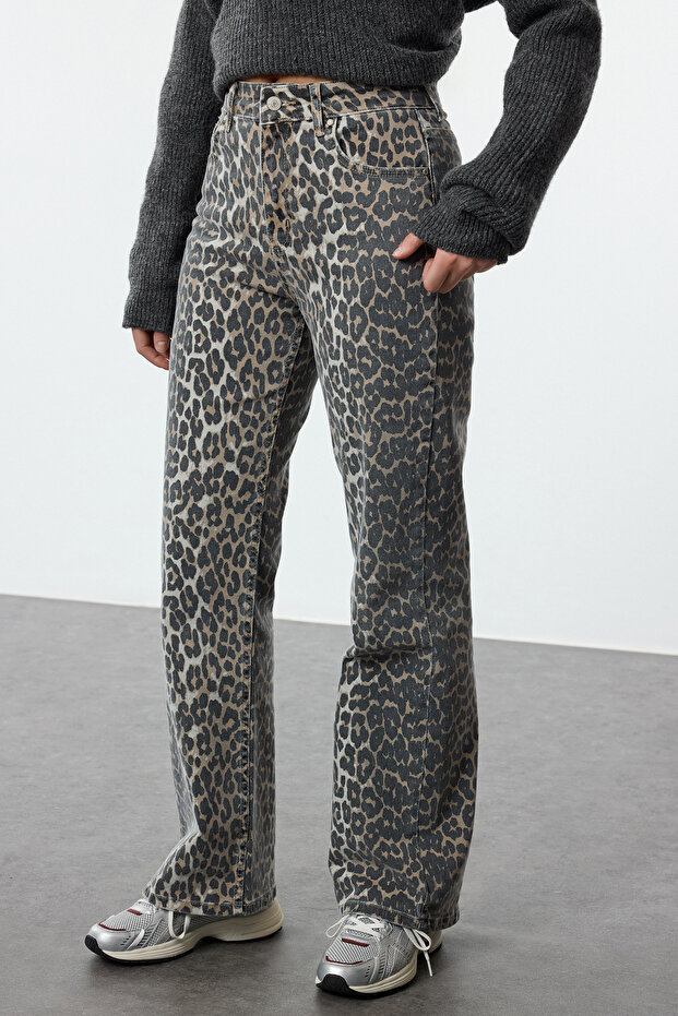 Çok Renkli Leopar Desenli Kahverengi Yüksek Bel Orta Esnek Wide Leg Jeans TWOAW25JE00309 - 7