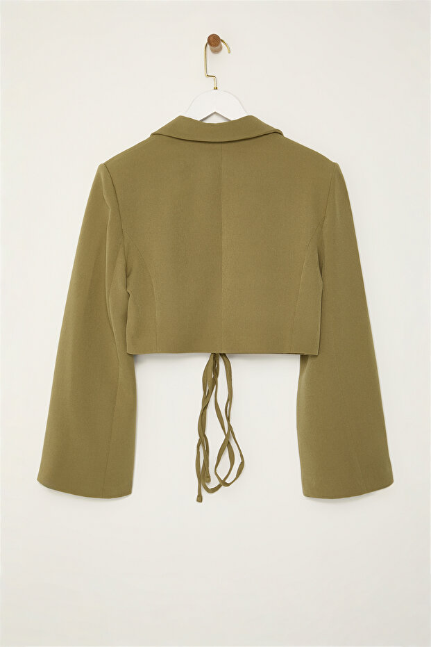 Açık Haki Crop Astarlı Kruvaze Dokuma Blazer Ceket TWOAW23BC00076 - 7