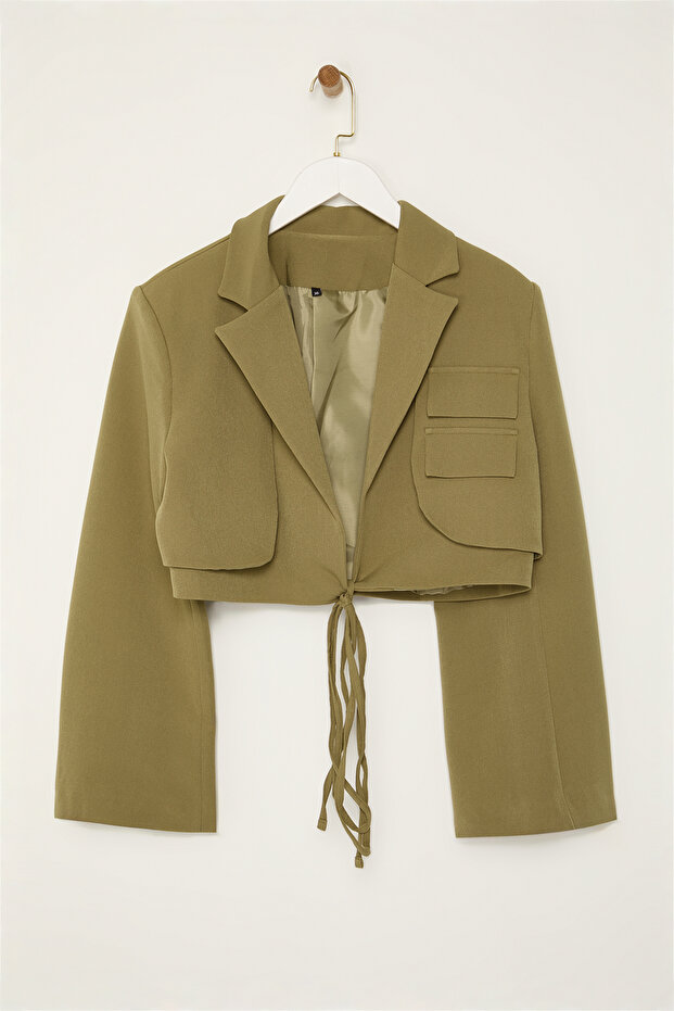Açık Haki Crop Astarlı Kruvaze Dokuma Blazer Ceket TWOAW23BC00076 - 6