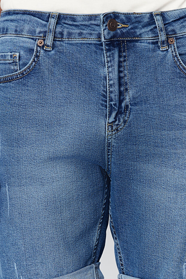 Indigo Slim Fit Tırmık Destroylu Denim Kot Şort TMNSS21SR0727 - 10
