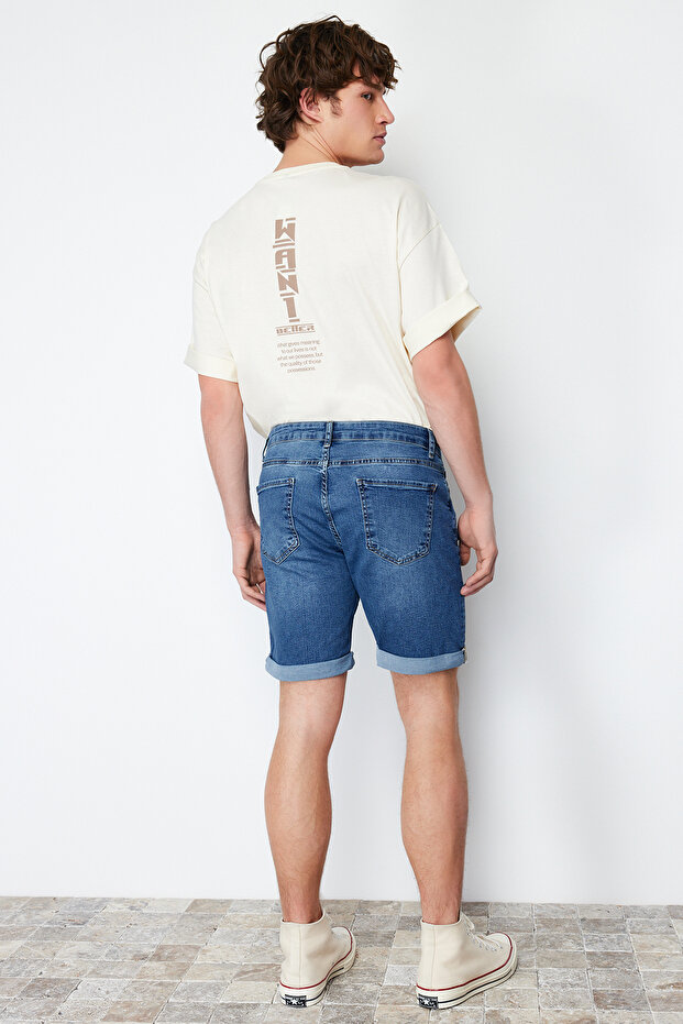 Indigo Slim Fit Tırmık Destroylu Denim Kot Şort TMNSS21SR0727 - 12