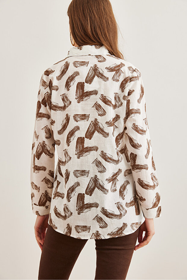 Kadın Fırça Acı Kahve Manşetli  Keten İçerikli Gömlek GML-19001248 - 3