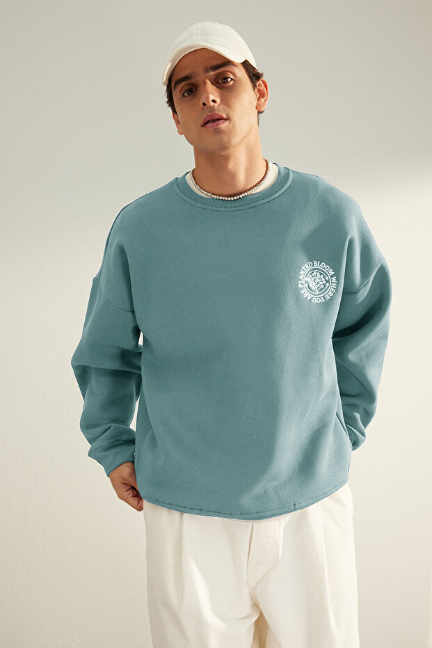 Mint Oversize/Geniş Kesim Çiçek Nakışlı İçi Polarlı Pamuklu Sweatshirt TMNAW24SW00012 - 6