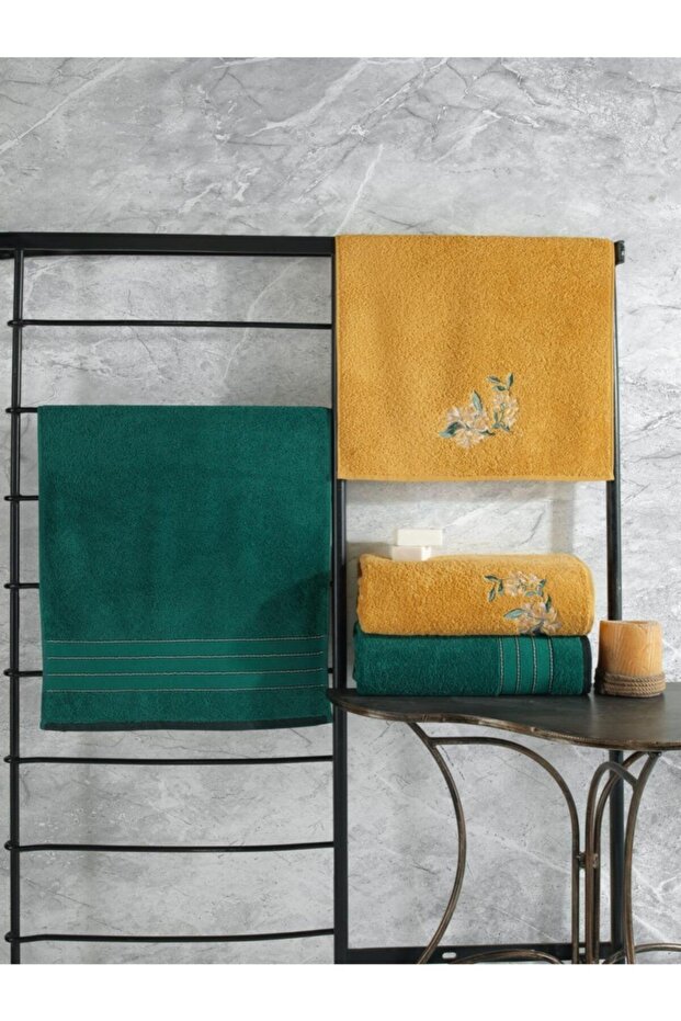 Colorful Bath Set 4 Pieces Towels Dark Green-yellow