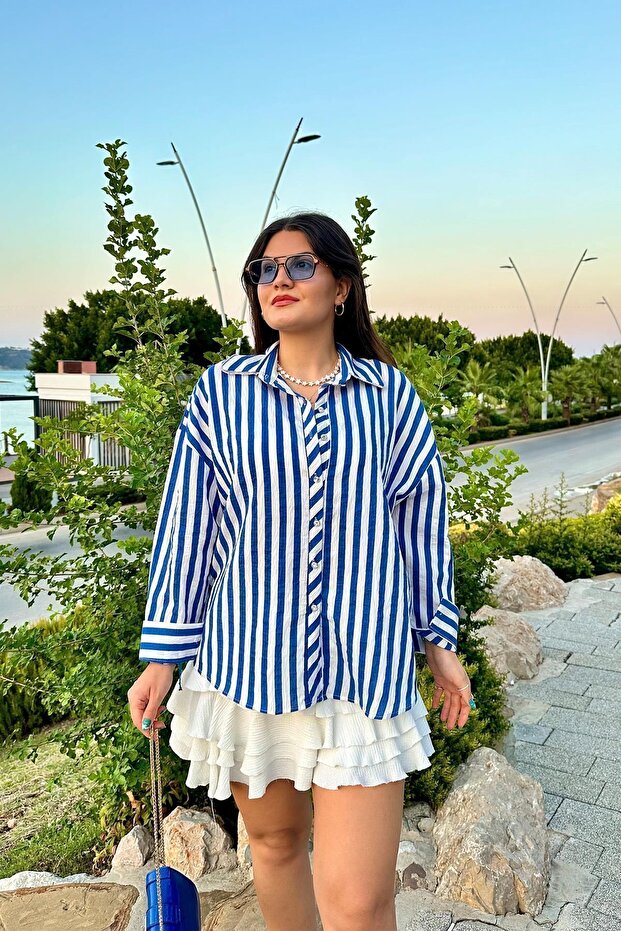 Cobalt Blue Color Collar Stone Detailed Seersucker Textured Striped Shirt