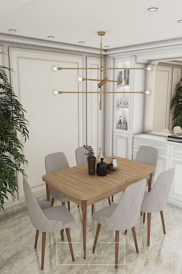 Luna Serisi, 80x132 Açılabilir Mdf Mutfak Ve Yemek Masası Takımı 6 Adet Açık Gri Sandalye - 1