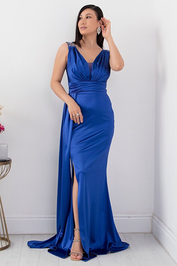 Omuz Taşlı Saten Elbise 39743 - 6