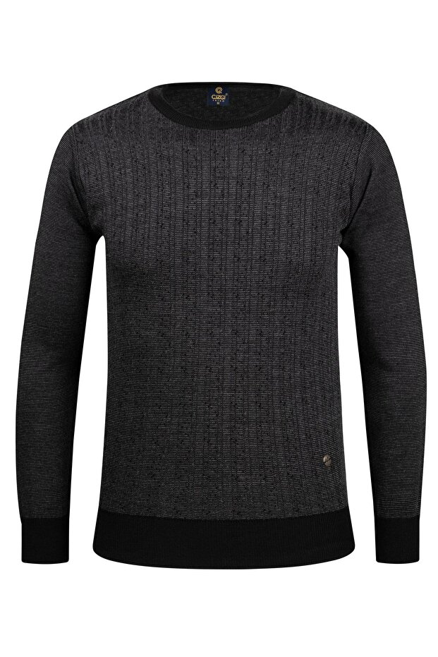 Men's Crew Neck Knitwear Black Sweater Patterned Steel Knit Classic Fit - 5005C