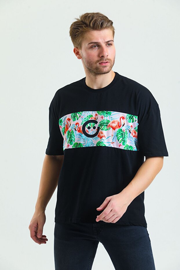 Oversize T-Shirt Flamingo Neon Printed Men's Black