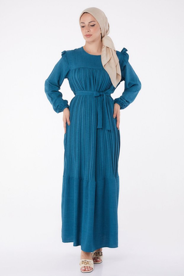 Straight Crew Neck Women's Petrol Pleated Hijab Dress - 25382