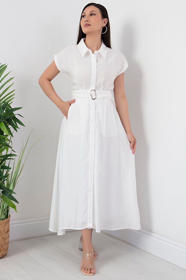 Boydan Düğmeli Kemerli Elbise NY4306 - 5