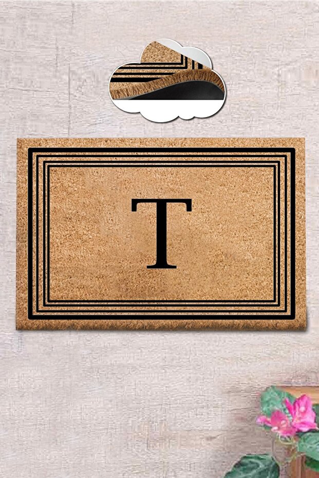 Coco Letter T 40x60 Cm Bristle Mat, Decorative Multi-Purpose Indoor and Outdoor Door Mat
