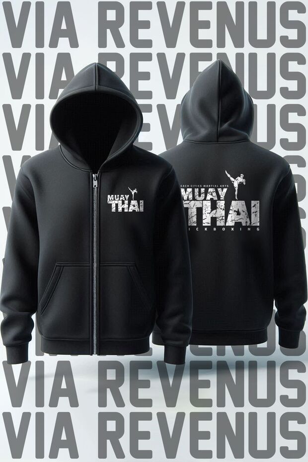 Muay Thai Dragon Front and Back Printed Unisex Zippered Hooded Sweatshirt Cardigan