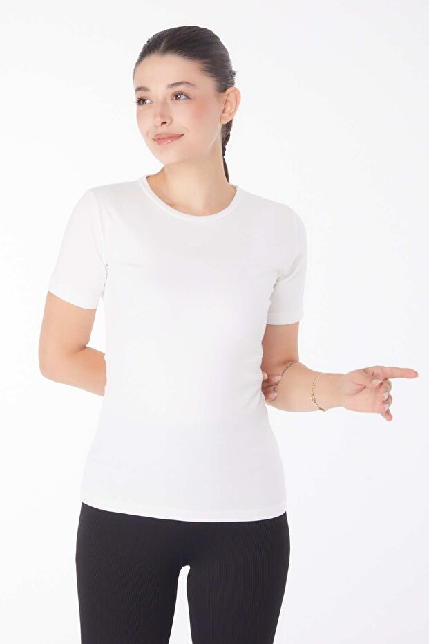 Women's Plain Crew Neck Off-White Short-Sleeve t-shirt - 25768