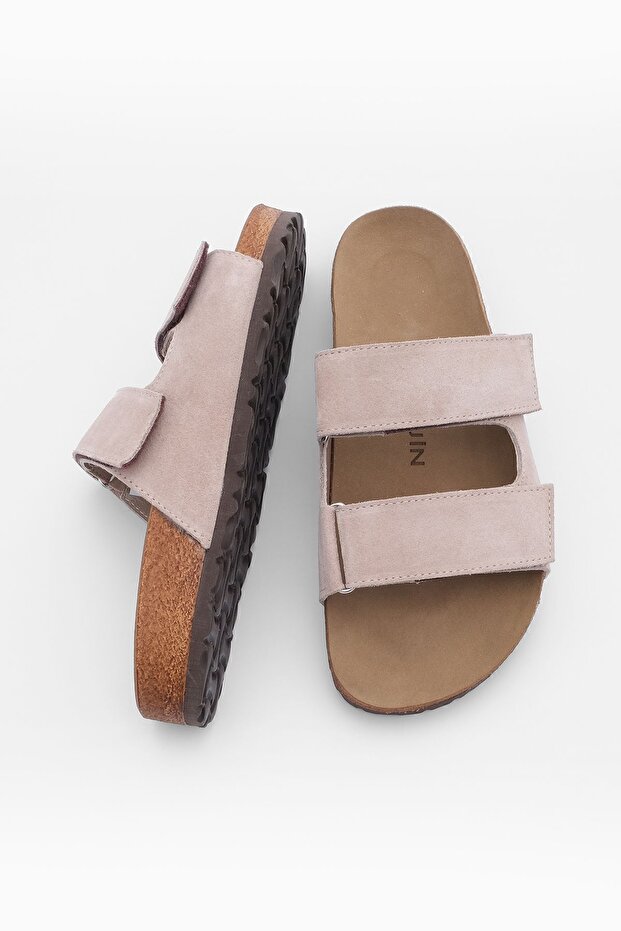 Damen Hausschuhe mit doppeltem Riemen und Klettverschluss und Eva-Sohle Mester Beige Wildleder - 7