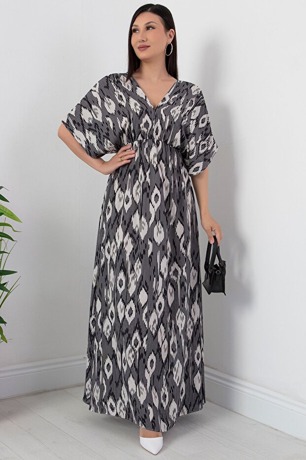 V Yaka Beli Lastikli Viskon Elbise NY4319 - 1