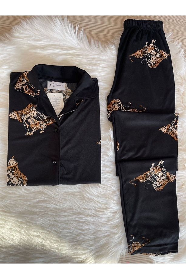 Leopar Desenli Süet Gömlek Yaka Uzun Kol Pijama Takımı - 3