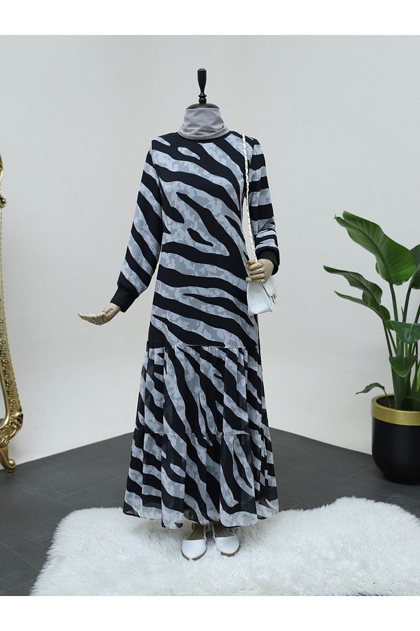 Zebra Desen Eteği Parçalı Astarlı Şifon Elbise - 3