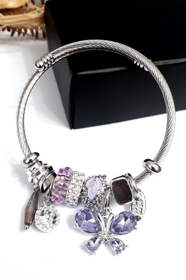Lilac Crystal Butterfly Charm Steel Bracelet