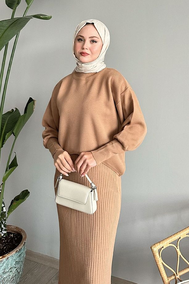 Balon Kollu Elbiseli Camel Triko Takım - 4