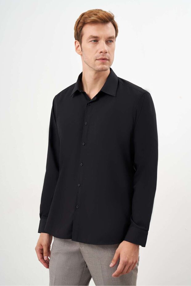 Men's Black Basic Plain Pattern Hard Neck Regular Fit Shirt - 3