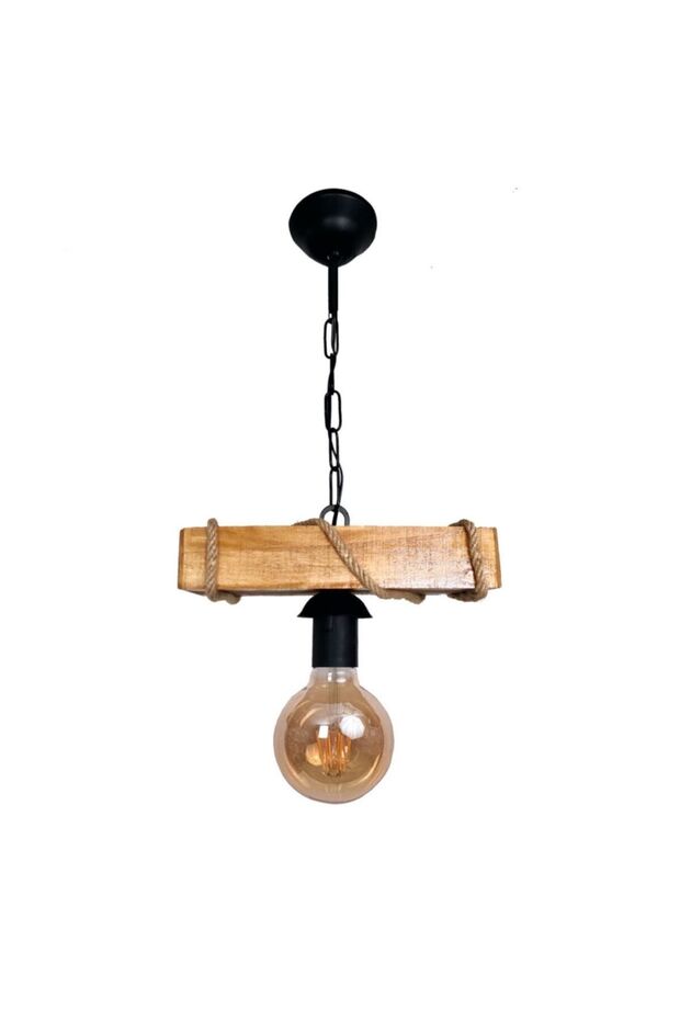 Tekli 1li Rustik Sarkıt Halatlı Ahşap Avize Rustik Ofis Cafe Bar Otel Restaurant Tavan Lamba - 3