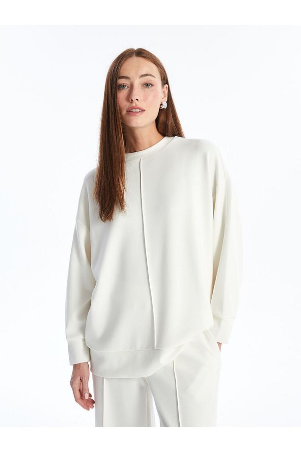 Aversa - Modal  Kumaş Oversize Uzun Kollu Sweatshirt - Ekru - 3