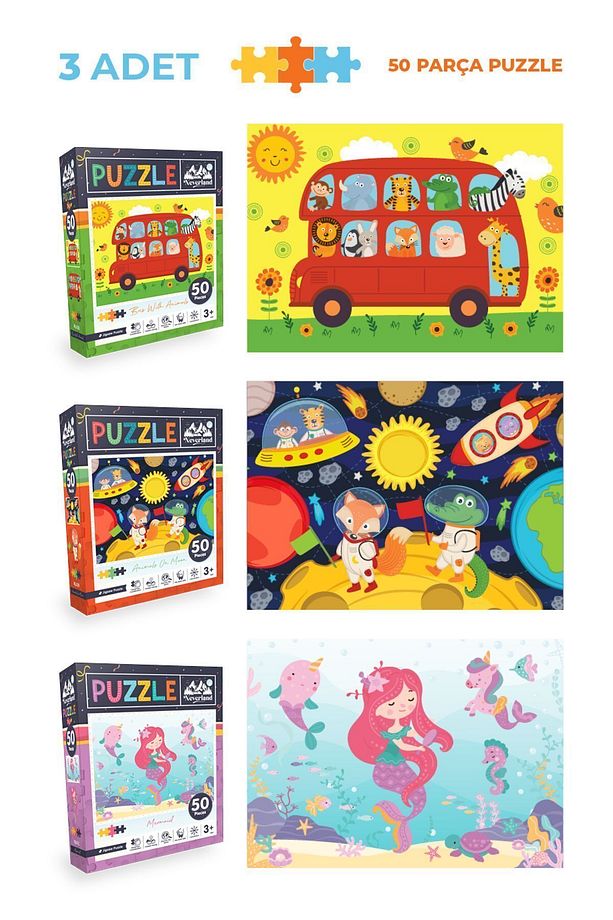 12'li Çocuk Puzzle Set - 3 Adet 24 Parça 6 Adet 50 Parça 3 Adet 100 Parça - 3