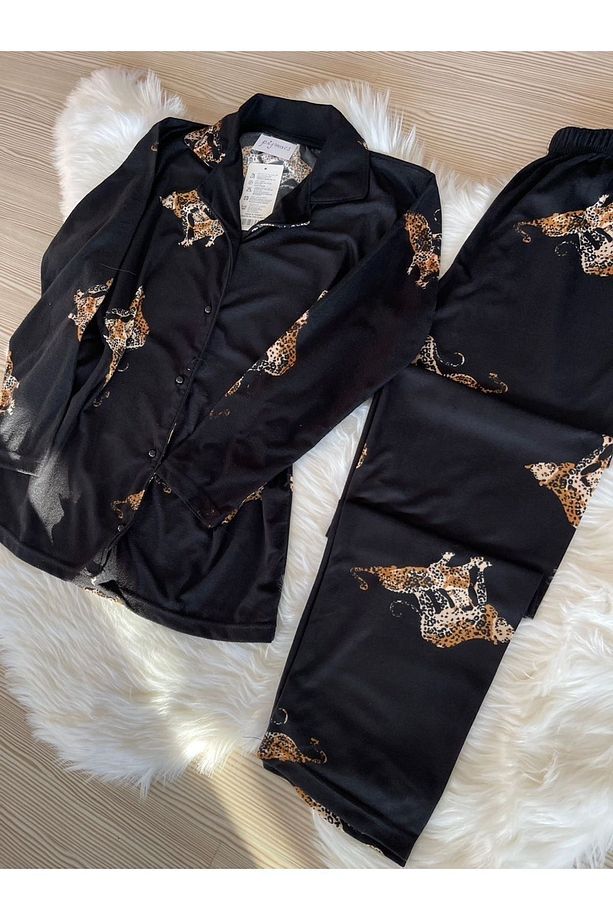 Leopar Desenli Süet Gömlek Yaka Uzun Kol Pijama Takımı - 7