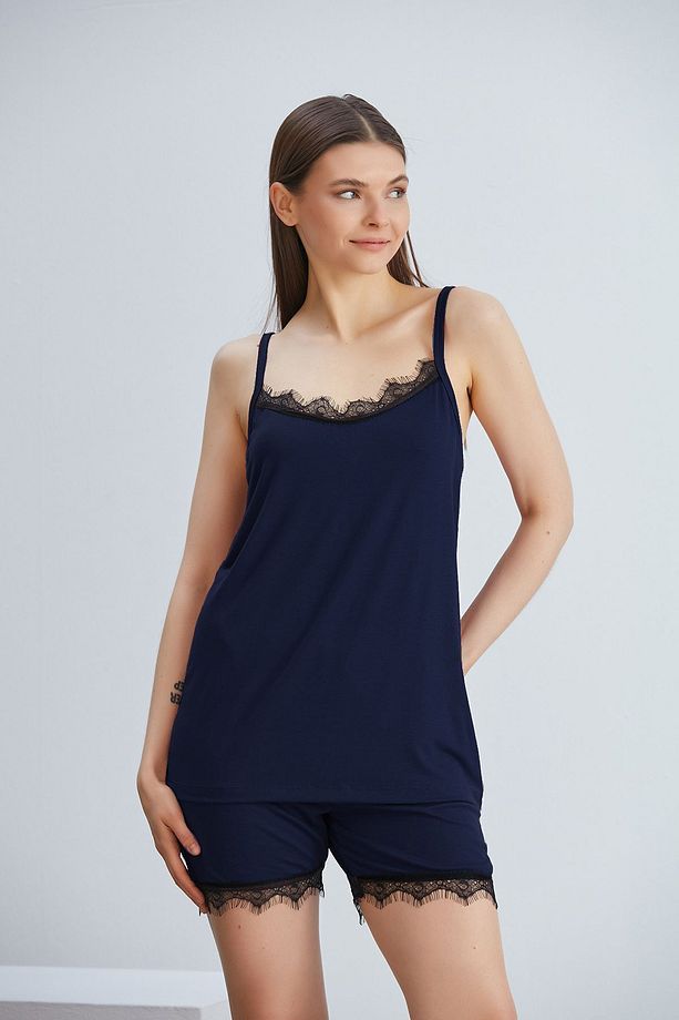 Viskon Örme Şortlu Askılı Dantelli V Yaka Pijama Takımı - 3