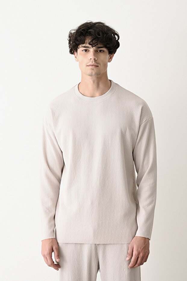 Erkek Oversize Gri Fitilli Sweatshirt - 1